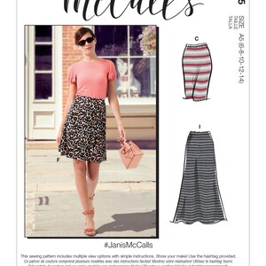 May include: Sewing pattern McCall's M8055 for sizes 6-8-10-12-14. The pattern includes multiple view options with simple instructions. The image shows a woman wearing a pink top and a leopard print skirt, and two different skirt styles.