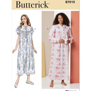 May include: Butterick B7015 sewing pattern featuring two different long nightgown designs. One nightgown is a blue floral print with short sleeves, and the other is a white floral print with long sleeves. The pattern is designed and printed in the USA.