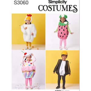 May include: Simplicity Costumes sewing pattern S3060 for children's costumes. The pattern includes four costumes: a chicken, a strawberry, a cupcake, and a penguin. Each costume is shown on a child model against a yellow background.