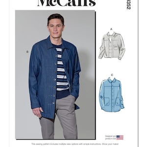 May include: A sewing pattern for a long-sleeved shirt with three different view options. The pattern is designed and printed in the USA. McCall's M8352.