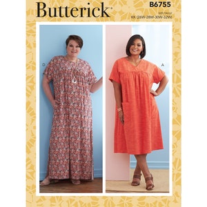 May include: A sewing pattern for a dress with a V-neck and short sleeves. The pattern is available in sizes 26W-28W-30W-32W. The pattern is called Butterick B6755.