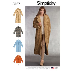 May include: Simplicity sewing pattern number 8797 for a long coat with four different style variations. The pattern shows a brown, plaid, blue, and orange coat.