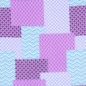 May include: A patchwork design featuring various geometric patterns in shades of purple and light blue. The design includes polka dots, chevrons, and a trellis pattern, creating a visually appealing and textured fabric.