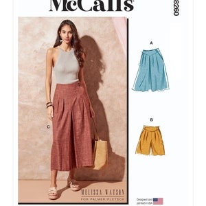 May include: McCall's sewing pattern M8260 for culottes and a skirt. The pattern includes instructions for three different styles: a long, flowing skirt, a pair of wide-leg culottes, and a shorter pair of culottes. The pattern is designed and printed in the USA.