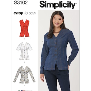 May include: A sewing pattern for a women's blouse with a V-neckline and button front. The pattern includes three different styles: a sleeveless blouse, a short-sleeved blouse, and a long-sleeved blouse. The pattern is from Simplicity and is labeled "easy-to-sew".