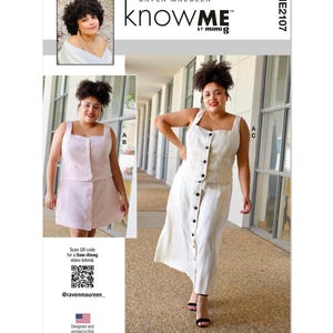 May include: A sewing pattern for a sleeveless top and skirt with button closures. The pattern is called "knowME" by mimig and is designed by Raven Maureen. The pattern includes a QR code for a sew-along video tutorial.