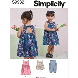 May include: Simplicity pattern S9932 features a little girl's dress with a floral print, a keyhole back, and a bow detail. The pattern also includes a striped dress, a floral top, and denim-style pants. Designed and printed in the USA.