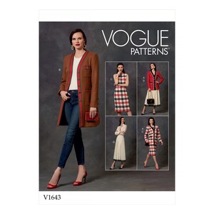 May include: A sewing pattern booklet featuring four different outfit designs. The designs include a brown jacket with a red and white trim, a plaid dress, a white dress with a red and white trim, and a red jacket with a red and white trim. The booklet cover features the text "Vogue Patterns" and the number "V1643".