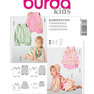 May include: A sewing pattern for baby clothes, featuring several outfit options. The image shows a pink romper with floral accents, a green gingham romper, and a pink dress with matching bloomers. The pattern includes sizes from 1 month to 12 months.