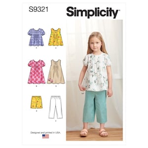May include: Simplicity sewing pattern S9321 for girls' clothing. The pattern includes instructions for making a dress, top, shorts, and pants. The model is wearing a floral print top and green pants.