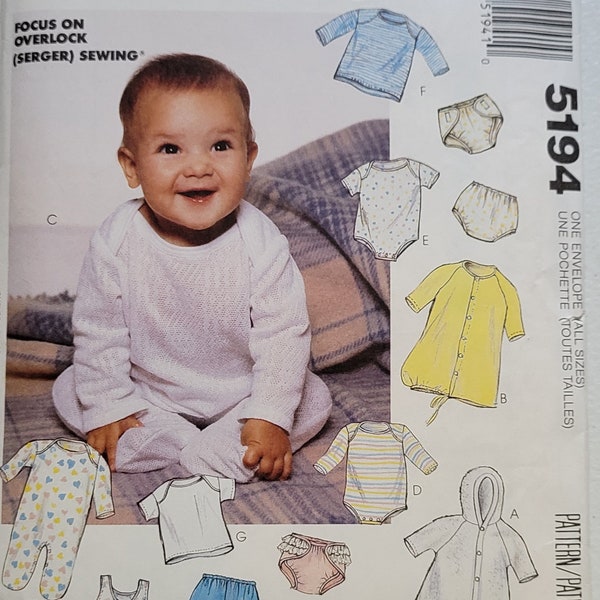 VINTAGE McCall's Sewing Pattern 5194 Infants Bunting, Gown, Bodysuits,  Jumpsuit, T-Shirts, Pants and Diaper Cover