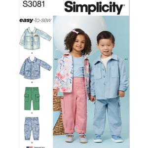 May include: Simplicity sewing pattern S3081, featuring children's clothing designs. The pattern includes options for jackets, pants, and a shirt. The image shows a girl in a floral jacket and pink pants, and a boy in a blue jacket and pants.