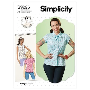 May include: Simplicity sewing pattern number S9295 for a blouse with a bow tie collar. The pattern includes three different views: a sleeveless blouse, a blouse with short sleeves, and a blouse with short puffed sleeves. The pattern is for sizes US 6-14, EU 32-40, and FR 34-42.