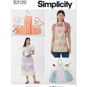 May include: Simplicity sewing pattern S3120 for four different apron styles. The aprons are shown in various floral prints and colors, including pink, blue, and white. The pattern includes instructions for making a long apron with ruffles, a shorter apron with pockets, and two other apron styles.