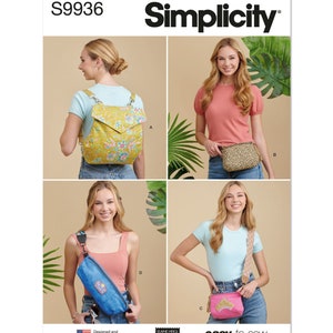 May include: A sewing pattern for four different bags, including a backpack, a belt bag, and two crossbody bags. The pattern is called Simplicity S9936 and is labeled "easy-to-sew".