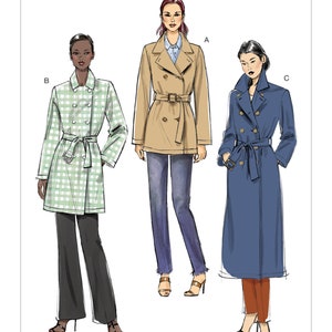 May include: A sewing pattern for a double-breasted trench coat with a belt. The pattern includes three variations: a beige trench coat, a green and white gingham trench coat, and a blue trench coat. The pattern is labeled "Very Easy Vogue" and "V9367".