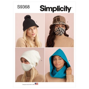 May include: Simplicity sewing pattern S9368 for four different headwear styles: a white beanie with a face mask, a blue hooded scarf, a black beanie with a pom-pom, and a plaid bucket hat with a face mask.