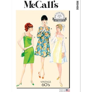 May include: Vintage McCall's sewing pattern for three dresses. The pattern is from the 1960s and includes additional size options and cutting layouts. The dresses are shown in green, floral print, and yellow.