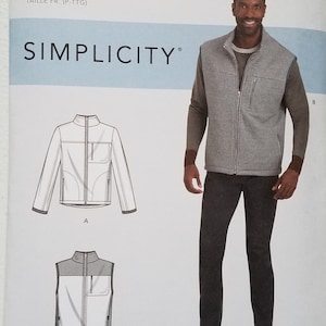 May include: A sewing pattern for a men's vest and jacket. The pattern includes instructions for making a zippered vest and a zippered jacket with a stand-up collar. The pattern is for sizes S-XXL.