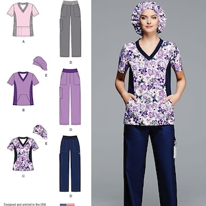 May include: A sewing pattern for a scrub top and pants set. The pattern includes three different top designs and three different pant designs. The pattern is designed for women and is easy to sew. The pattern is printed in the USA.