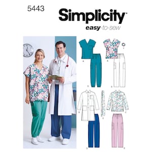 May include: A sewing pattern for scrubs, featuring a white lab coat, a teal scrub top and pants, a pink scrub top and pants, and a blue scrub top and pants. The pattern is labeled "Simplicity easy-to-sew" and "5443".