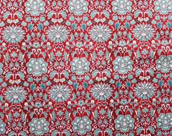 Blue Floral on Dark Red Cotton Fabric Sold by the Yard