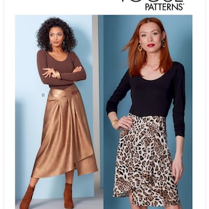 May include: Vogue Patterns sewing pattern V1850 for a wrap skirt. The pattern shows two models wearing the skirt in different fabrics. One model is wearing a brown leather-look skirt and the other is wearing a skirt with a leopard print.