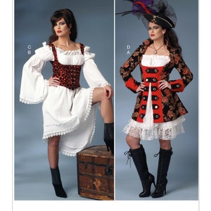 May include: Two women wearing pirate costumes. The woman on the left is wearing a white blouse with a red and black corset, a white skirt with lace trim, and black boots. The woman on the right is wearing a red and gold jacket with black trim, a white blouse, a white skirt with lace trim, and black boots. Both women are wearing black fishnet stockings. The pattern on the jacket is a floral design. The image includes the text "Butterick B6114".