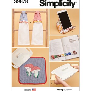 May include: A sewing pattern for kitchen accessories, including a mushroom-shaped dish towel holder, a mushroom-shaped pot holder, a mushroom-shaped tablet stand, and a mushroom-shaped hot pad. The pattern is from Simplicity and is easy to sew.