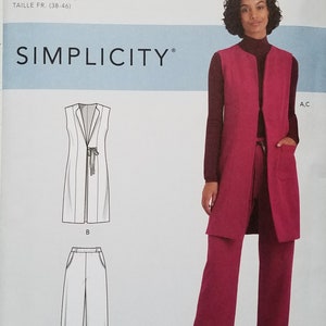 May include: A sewing pattern for a long vest and pants. The pattern is for sizes US 10-18, Euro 36-44, and French 38-46. The vest has a V-neck and a tie at the waist. The pants are wide-legged and have pockets. The pattern is from Simplicity.