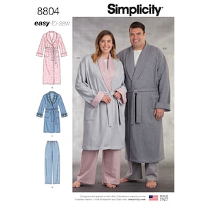 May include: A sewing pattern for a robe and pants. The pattern includes three different styles: a pink robe, a blue robe with plaid trim, and a pair of blue pants. The pattern is labeled "8804 easy-to-sew" and "Simplicity".