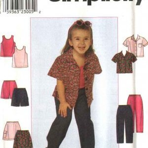 May include: Simplicity sewing pattern number 8716 for sizes BB, 5, 6, 7, and 8. The pattern includes instructions for making a girl's shirt, pants, and skirt. The model is wearing a floral print shirt, dark blue pants, and a pink and black skirt.