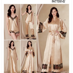 May include: A sewing pattern for a satin robe, pajama top, and shorts. The pattern includes four different views: a robe with long sleeves and a lace trim, a pajama top with lace trim, a pajama top with lace trim and matching shorts, and a long satin slip with lace trim. The pattern is for sizes A, B, C, D, and E.