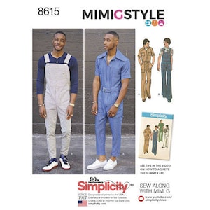 May include: A sewing pattern for a jumpsuit with two different styles. The first style is a light gray jumpsuit with a bib and straps. The second style is a blue denim jumpsuit with a collar and short sleeves. The pattern is from Simplicity and is called "Sew Along with Mimi G".