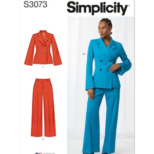 May include: A sewing pattern for a double-breasted blazer and wide-leg pants. The pattern is for sizes A and B. The pattern is designed and printed in the USA. The pattern number is S3073.