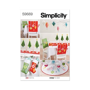 May include: A Simplicity sewing pattern for Christmas decorations, including a chair back, table runner, stockings, and a tree skirt. The pattern features a red, green, and white color scheme with a whimsical design of ornaments and trees.