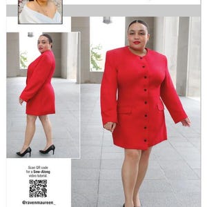 May include: A red dress with long sleeves and black buttons. The dress is part of a sewing pattern by Raven Maureen, labeled "knowME by mimiG." The pattern includes a QR code for a sew-along video tutorial. The design is printed in the USA.