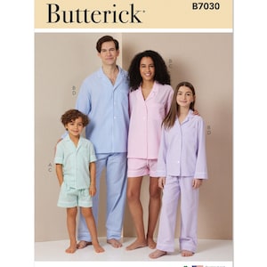 May include: A family wearing matching pajama sets in various pastel colors. The pajamas include button-down shirts and shorts or pants. The Butterick pattern B7030 is displayed on the top left of the image.