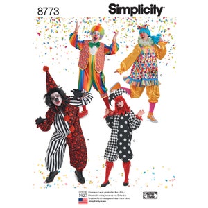 May include: Simplicity pattern 8773 featuring four clown costume designs. The costumes include colorful outfits with polka dots, stripes, and harlequin patterns. The image includes the text "SINCE 1927" and "simplicity.com".