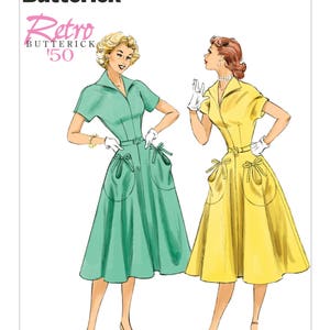 May include: A vintage sewing pattern for a dress with a retro 1950s style. The pattern is called "B6055 Butterick Retro '50" and shows two women wearing the dress in green and yellow.