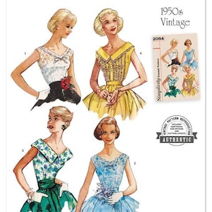 May include: Simplicity vintage sewing pattern S3252. The illustration features four women in 1950s dresses. The dresses are in various colors, including yellow, blue, and white. The pattern includes additional size options and cutting layouts. Easy-to-sew.
