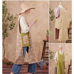 May include: Simplicity sewing pattern featuring aprons. The main image shows a woman wearing a long apron with a floral pattern and a large pocket. The pattern includes different apron styles, with the text "easy-to-sew" at the bottom.