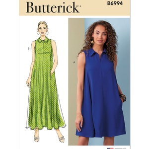 May include: A sewing pattern for a sleeveless dress with a collar. The pattern includes two variations: a maxi dress with a green and white polka dot print and a shorter dress in a solid blue color. The pattern number is B6994.