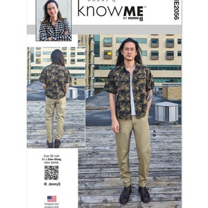 May include: A sewing pattern package featuring a man modeling a short-sleeved button-up shirt and khaki pants. The package includes the text "DONNY Q knowME by mimi G" and "ME2056". The package is designed and printed in the USA.