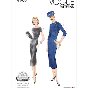 May include: Vintage Vogue sewing pattern for a dress, featuring two illustrations of women wearing the dress in black and blue. The pattern number is V1979 and the text "REISSUE CIRCA 1957 DESIGN" is included.