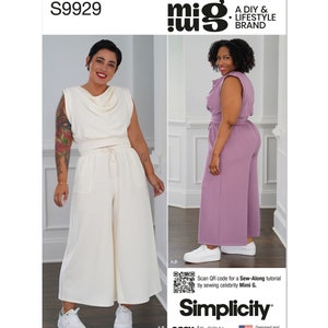 May include: Sewing pattern for a two-piece outfit with a cowl neck top and wide-leg pants. The pattern is for sizes A and B. The pattern is from Simplicity and is easy to sew. The pattern is designed and printed in the USA.
