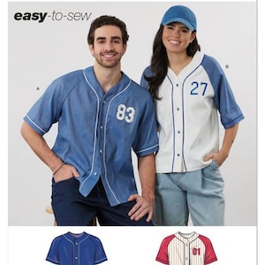 May include: Simplicity S3241 sewing pattern featuring baseball-style shirts. The image shows two people wearing baseball shirts with the numbers 83 and 27. The pattern includes instructions for easy-to-sew shirts, with additional designs.