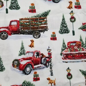 Christmas Trucks with Dog Cotton Fabric Sold by the Yard