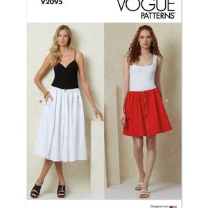 May include: Vogue Patterns sewing pattern V2095 for a skirt with a drawstring waist and a zipper closure. The pattern shows two versions of the skirt, one in white and one in red.