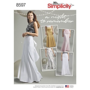 May include: A sewing pattern for a night to remember. The pattern includes five different skirt styles: a white skirt with a ruffle, a gold skirt, a pink skirt, a white skirt with a floral print, and a white skirt with a simple design. The pattern is from Simplicity and is for size 8597.